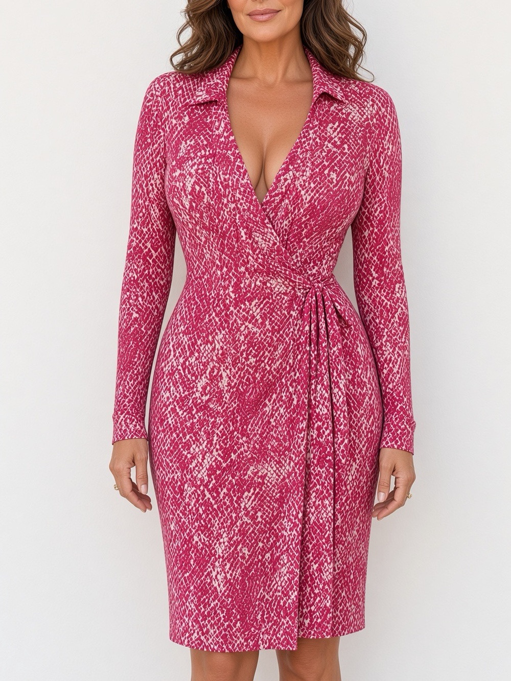 Diane Von Furstenberg Pink Patterned Wrap-Front Long-Sleeve Dress